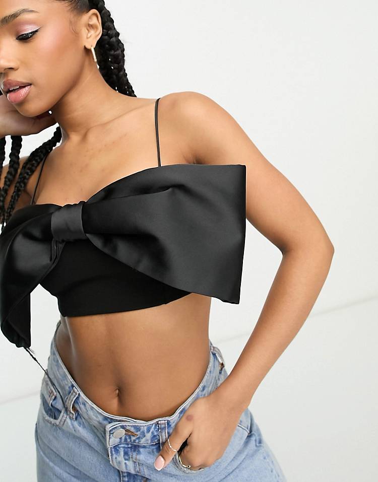 Stradivarius oversize bow party top in black